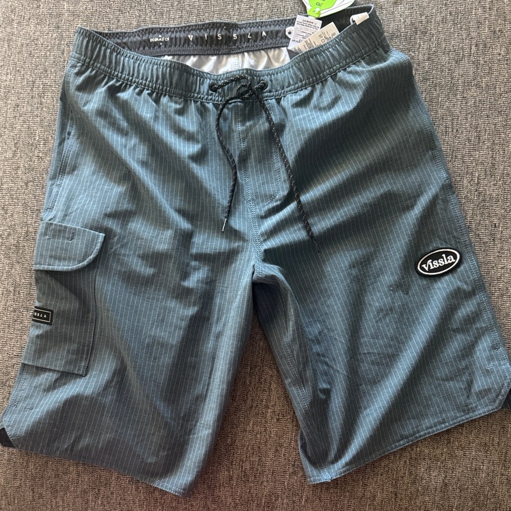 VISSLA Teal Striped Hybrid Shorts